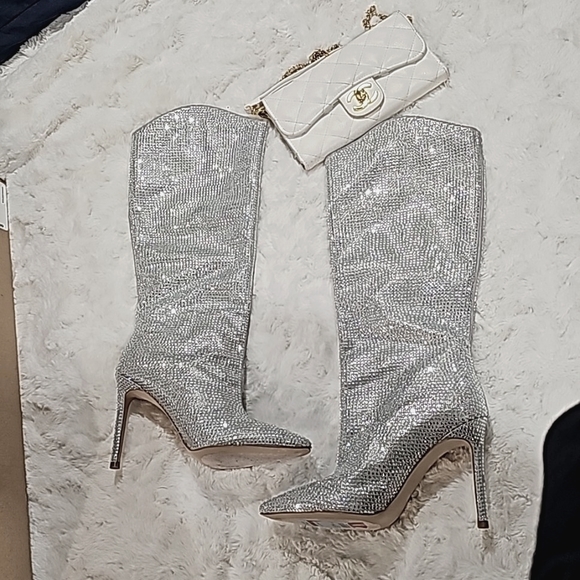 Rhinestone Sparkling Silver Tall Boots NIB - Picture 4 of 8